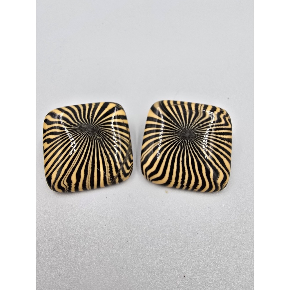 Vintage Black & Beige Swirl Pattern Clip-On Earrings Square Retro‎ Mod Style